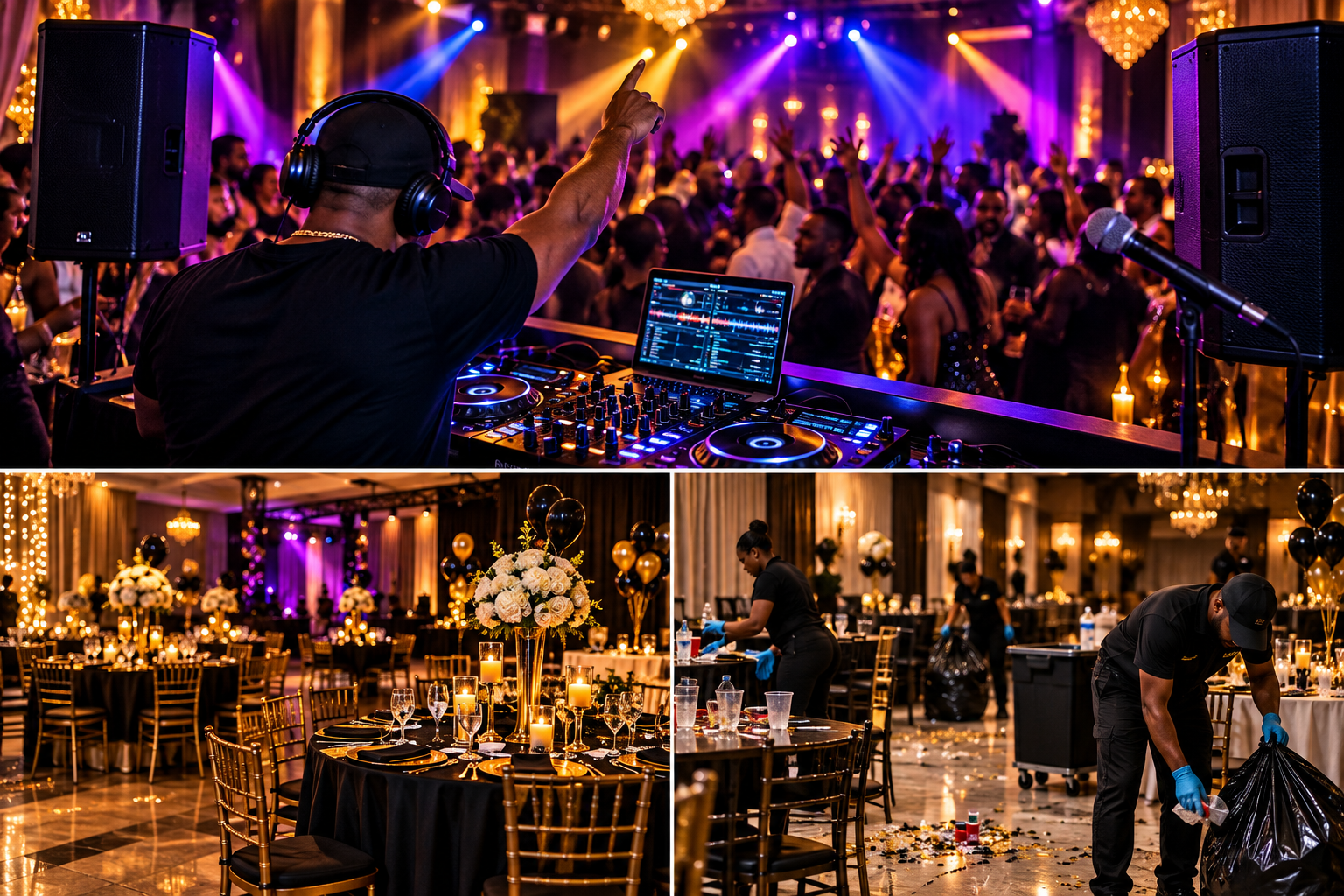 DJ entertainment, elegant event venue and after-party cleanup
